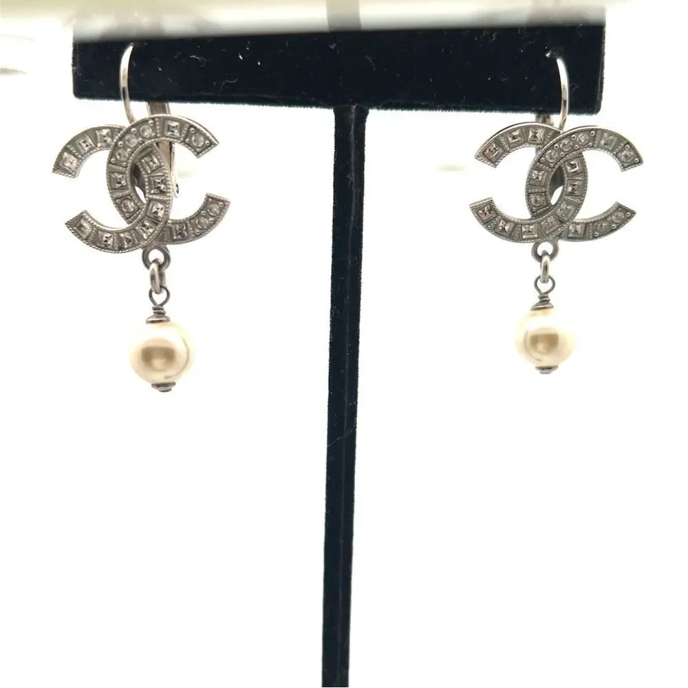 Chanel Chanel CC Faux Pearl & Crystal Silver Tone Drop Earrings